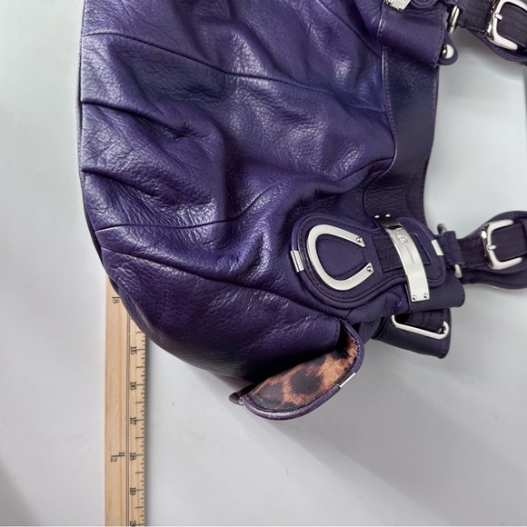 B. Makowsky Purple Pebbled Leather Satchel Cheetah Lining EUC - Picture 13 of 16